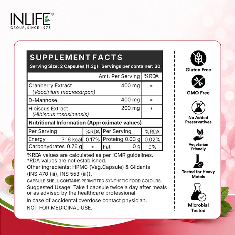 Inlife Cranberry Capsules Supplements Facts. Image 
