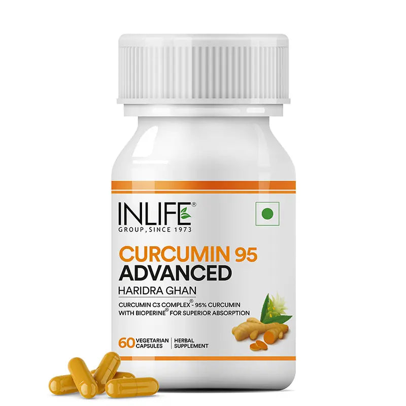 Bottle of 60 Curcumin 95 Advanced capsules containing Curcumin Complex and BioPerine for enhanced absorption.Image