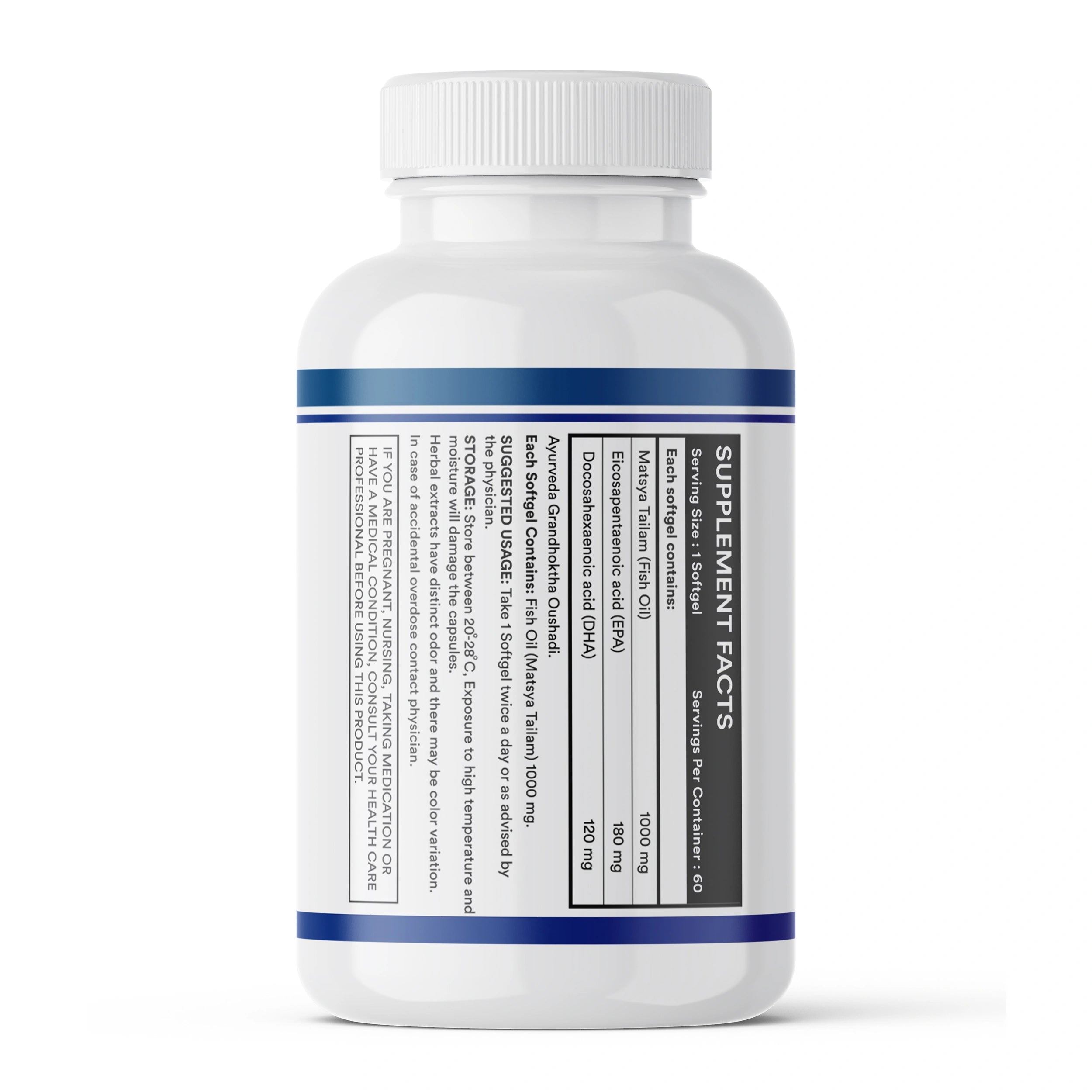 Inlife Fish oil softgel displaying storage info, batch & manufacturer details, compliance logos