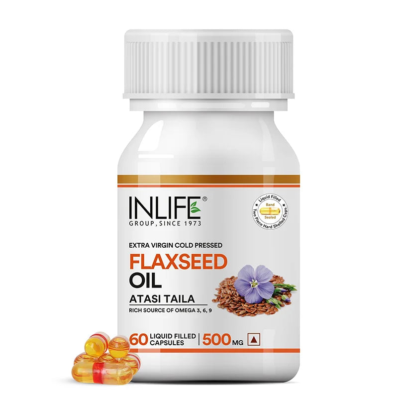 Inlife Flaxseed gelatin front bottle .image with capsules