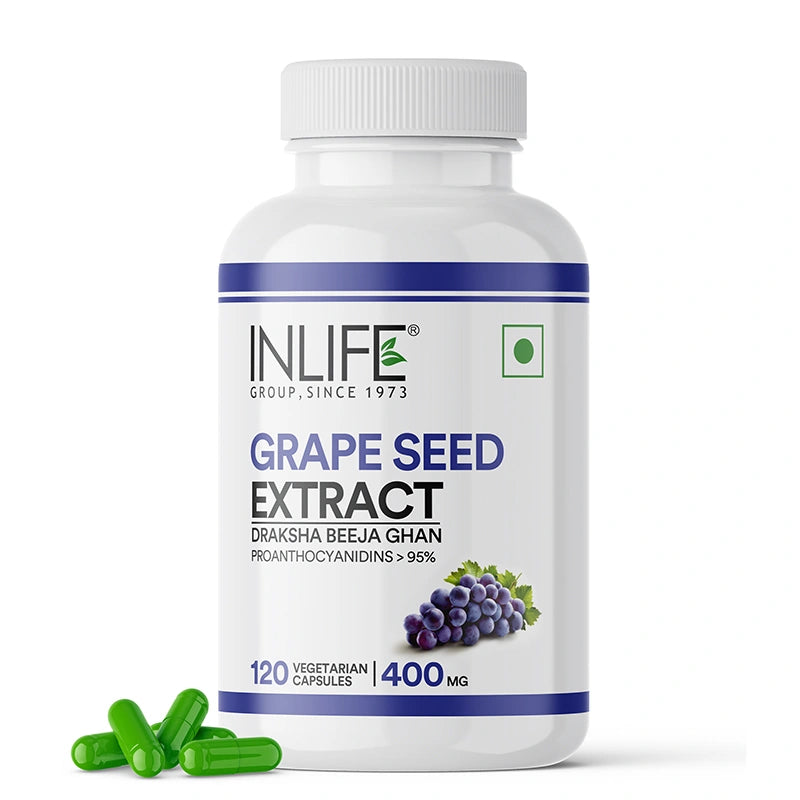 Inlife Grape seed extract 120 capsules front bottle .image with capsules 