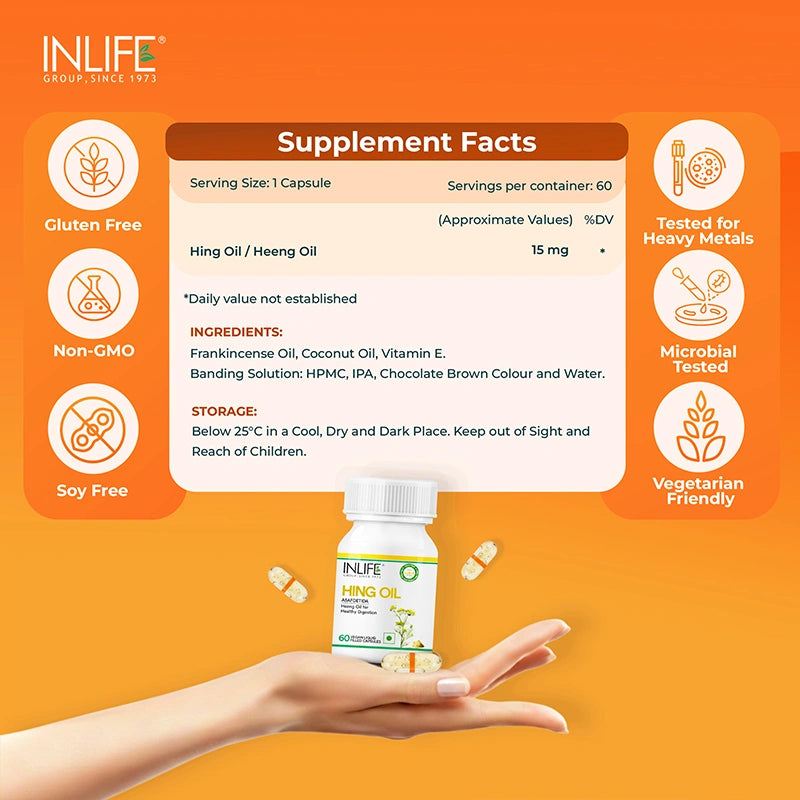 Inlife Hing Oil Capsules Supplement Facts panel with icons showing Gluten Free, Non-GMO, Soy Free, Tested for Heavy Metals, Microbial Tested, and Vegetarian Friendly features 