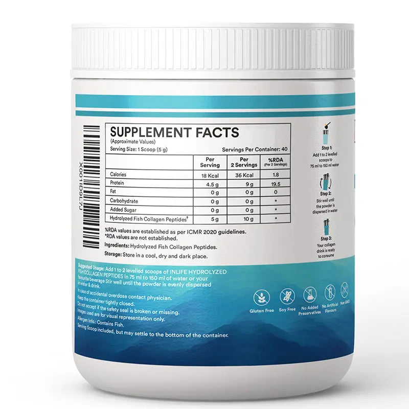 Inlife Hydrolysed Marine Fish Collagen left side of the bottle containing supplement facts, suggested usage.