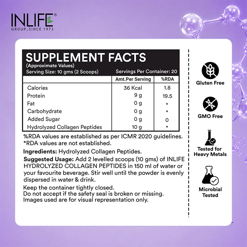 Inlife Hydrolyzed collagen unflavored supplement facts .image