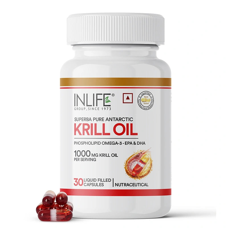 Inlife Krill oil Front Bottle. Image with Capsules