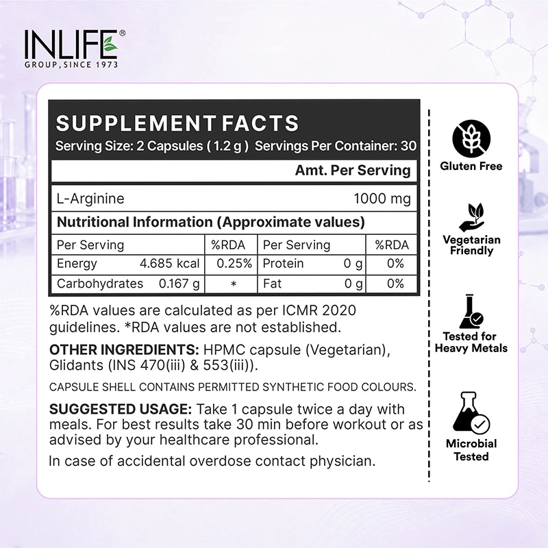 Inlife L-Arginine capsules supplement facts .image
