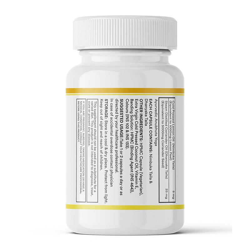 Inlife lemon and Coriander Oil Capsules displaying storage info, batch & manufacturer details, compliance logos
