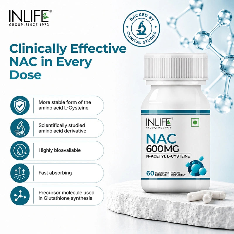 Inlife NAC is a stable , highly bioavailable, fast absorbing, scientifically studied aminoacid derivative