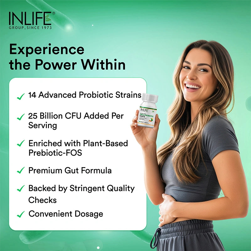 Inlife Pre and Probiotics capsules contain 25 billion CFU per serving with 14 advanced probiotic strains alongside FOS.