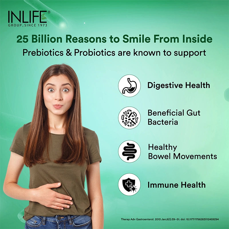 Inlife Pre and Probiotics capsules are known to support digestive health, beneficial gut bacteria, Healthy Bowel movements, immune health