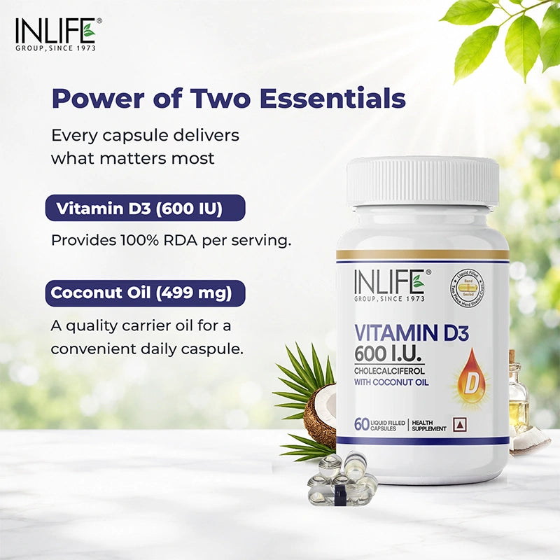 Inlife VItaminD3 600 I.U. Capsules Key Ingredients. Image