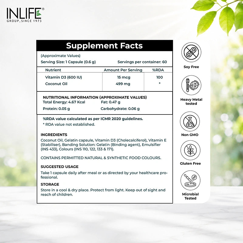 Inlife VitaminD3 600I.U. Capsules Supplements facts. Image