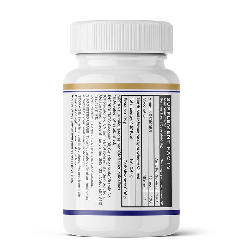 Inlife VitaminD3 600 I.U. Capsules Left Bottle. Image 