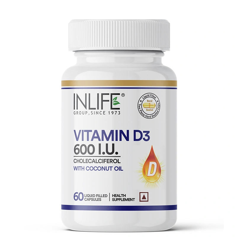 Inlife Vitamin D3 600 I.U. Capsules Front Bottle. Image