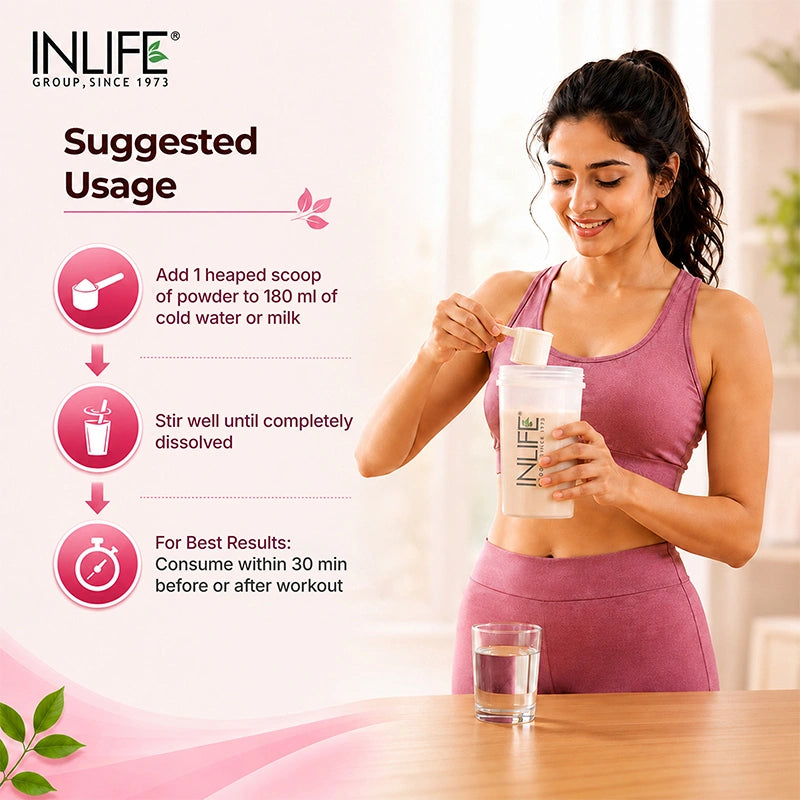 Inlife Whey protein powder for women vanilla flavor suggested usage .image