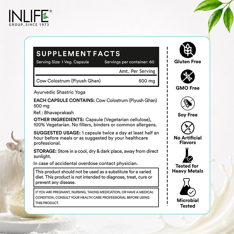 Inlife cow colostrum capsules supplements facts. image 