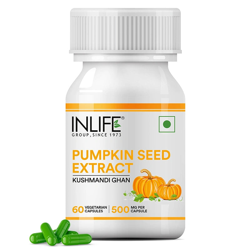 Inlife pumpkin seed extract front bottle. Image with capsules 