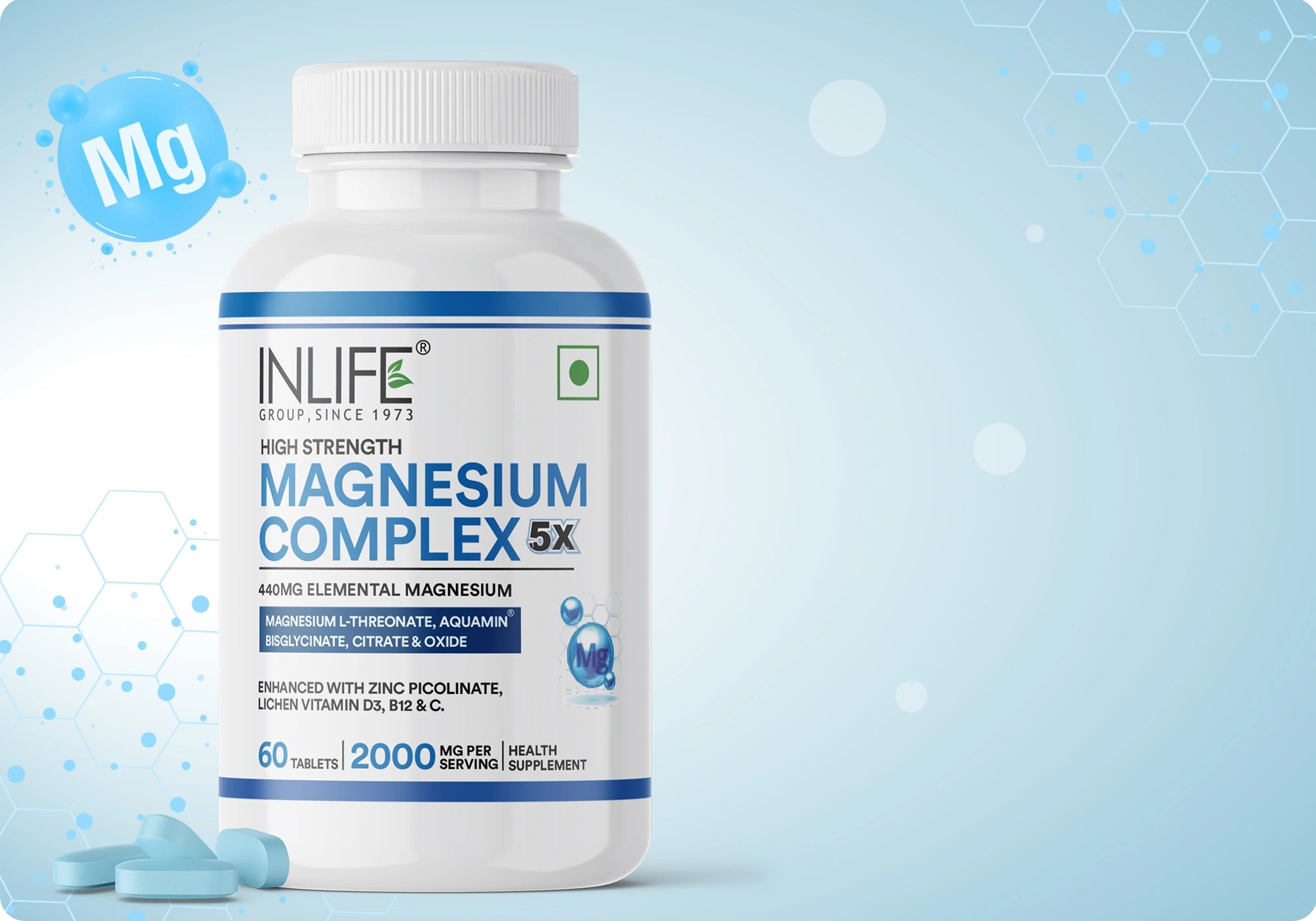INLIFE 5X High Strength Magnesium Complex Tablets Front label a dietary supplement bottle containing 2000mg multi-source magnesium (L-Threonate, Aquamin, Bisglycinate, Citrate & Oxide) enriched with Zinc, Vitamin C, D3, and B12 for muscle, nerve, bone, and heart health support