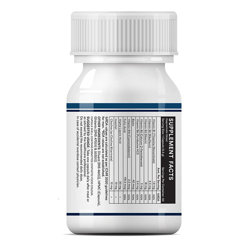 Inlife B complex Left bottle image with supplement facts along with suggested usage