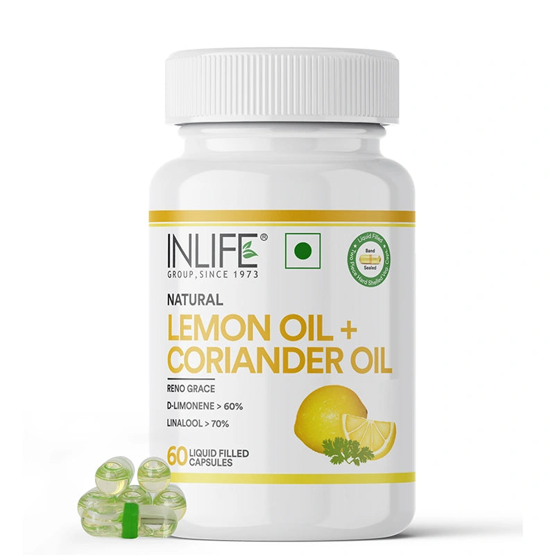 Inlife INLIFE Lemon and Coriander Oil bottle with Capsules graphic promoting antioxidant power and wellness.