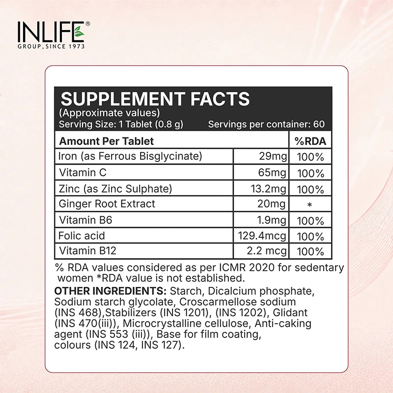 Inlife Chelated Iron 29 mg + Vitamin C, Vegetarian Tablets