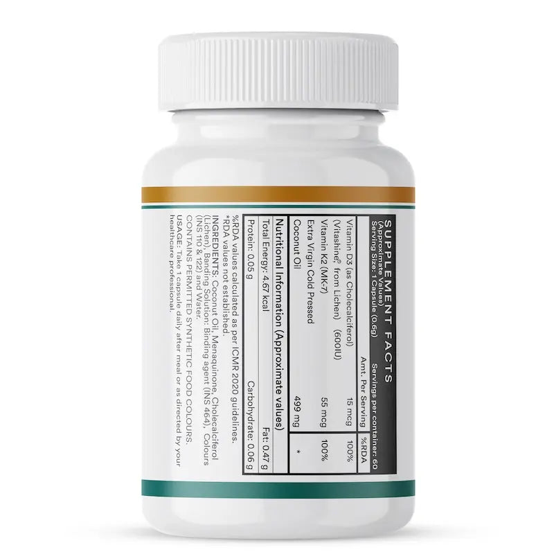 Inlife Plant Based Vitamin D3 K2 Supplement, Lichen Source, 600 IU | 60 Veg. Capsules