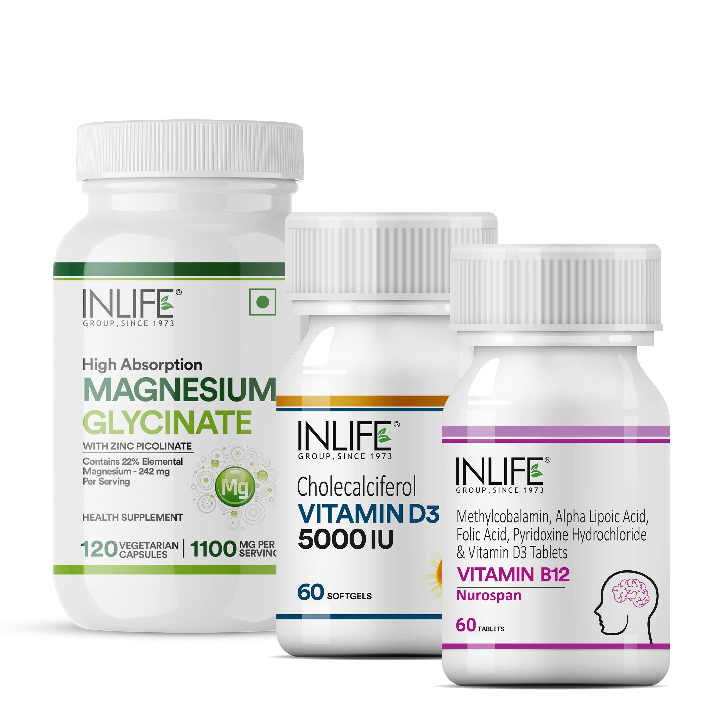 Vitamin B12, D3 5000 IU & Magnesium Glycinate Combo | Supports Bone & Nerve Health