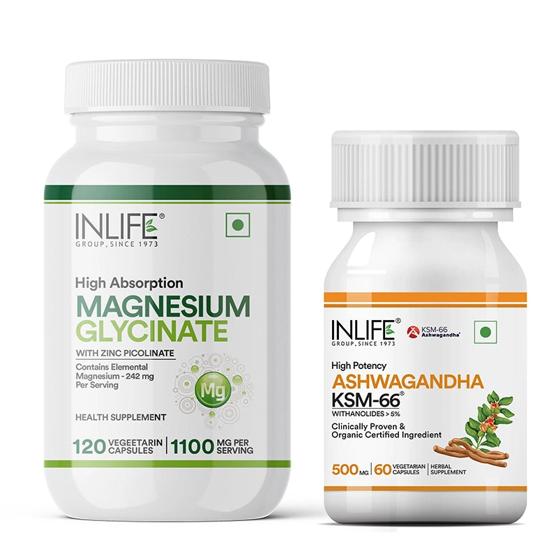 Inlife Magnesium Glycinate with Zinc Capsules + Inlife KSM-66 Ashwagandha with Withanolides > 5%, Veg. Capsules