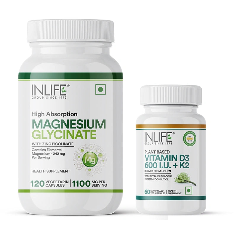 Inlife Magnesium Glycinate with Zinc Capsules + Inlife Vitamin D3 600 with K2 - MK7 Capsules, Combo Pack