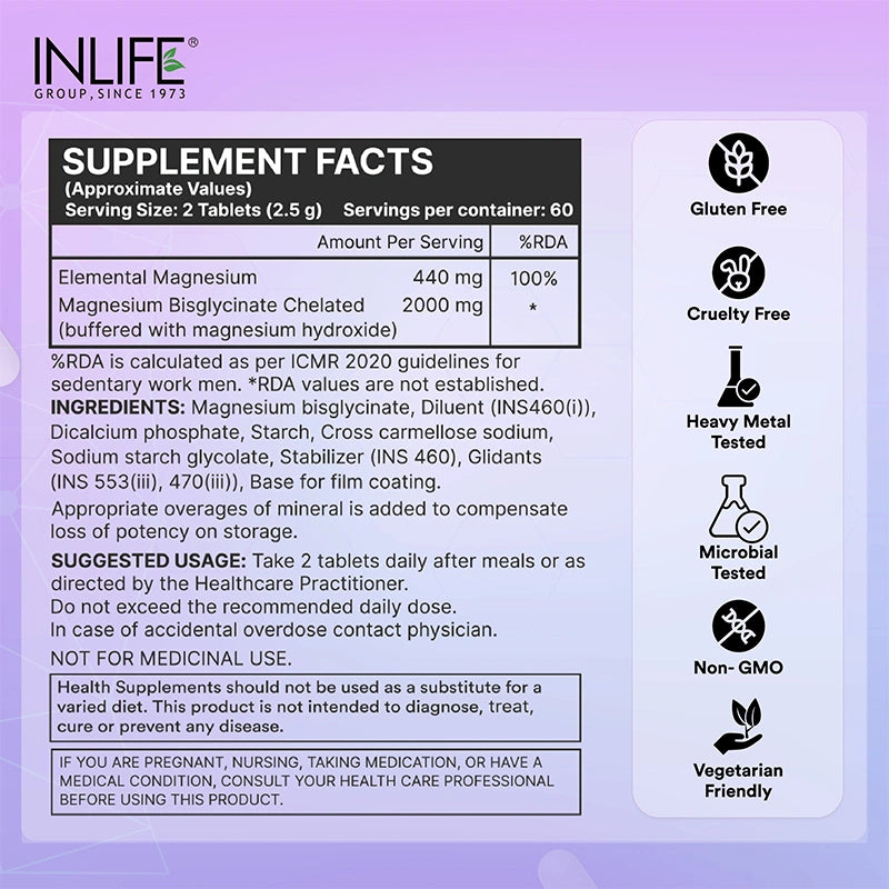 Inlife Magnesium Glycinate Forte 440 mg (Elemental Mg.) Tablets.