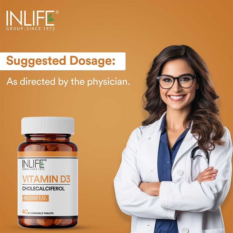 Inlife Vitamin D3 60000 IU Chewable Tablets | Cholecalciferol Supplement | 40 Tablets