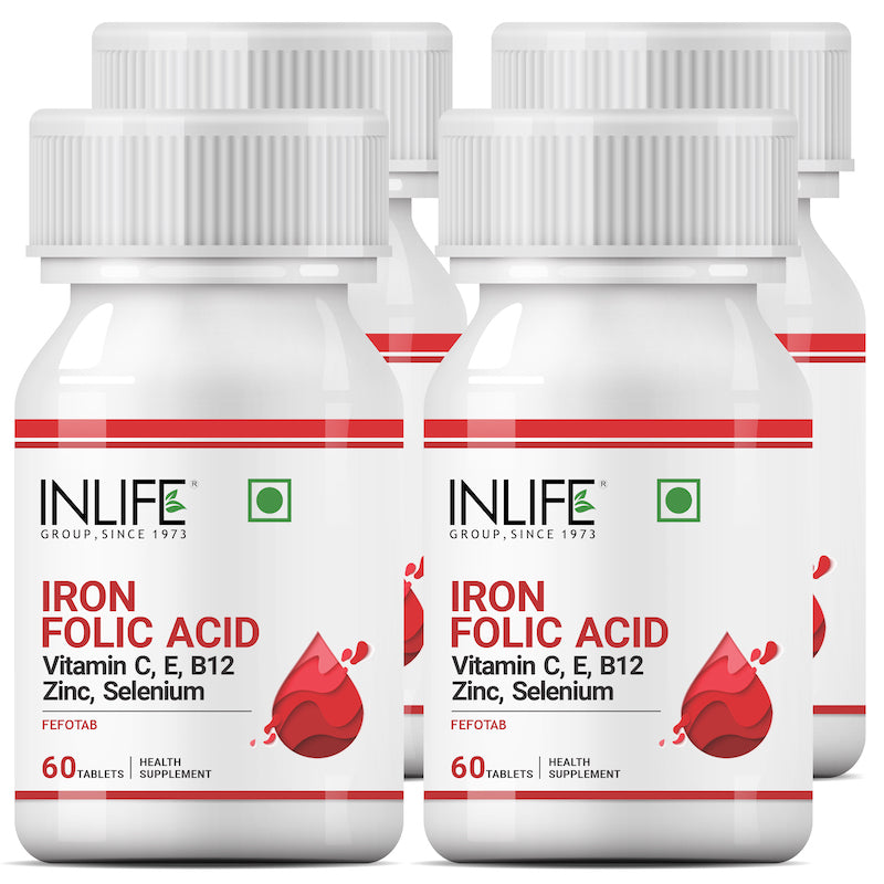 INLIFE  Chelated Iron Folic Acid Supplement with Vitamin C, E, B12, Zinc &amp; Selenium- 60 Tablets