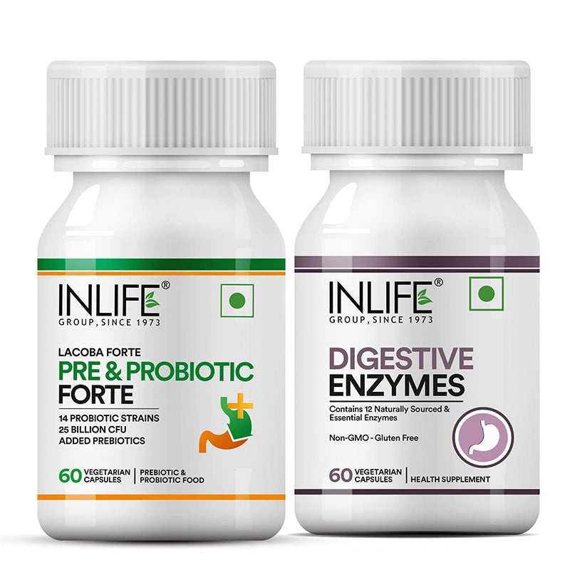 Inlife Prebiotic & Probiotics Forte + Digestive Enzymes | 25 billion CFU | Vegetarian Combo Pack