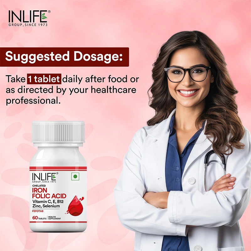 Inlife Chelated Iron Folic Acid Supplement with Vitamin C, E, B12, Zinc & Selenium Tablets
