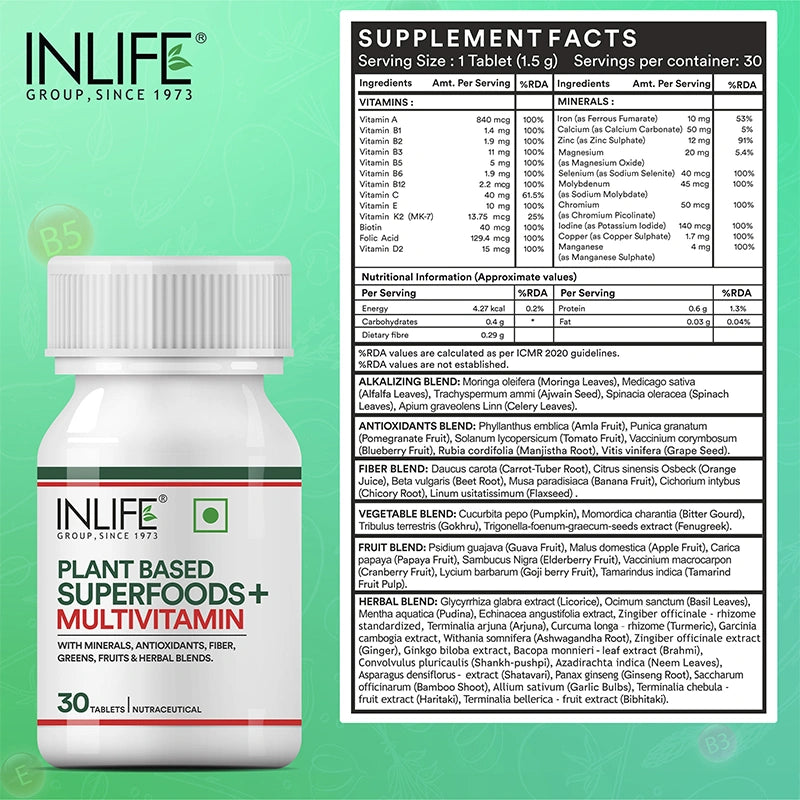 Inlife Plant Based Multivitamins for Men & Women, Superfood, 30 Veg.Tablets