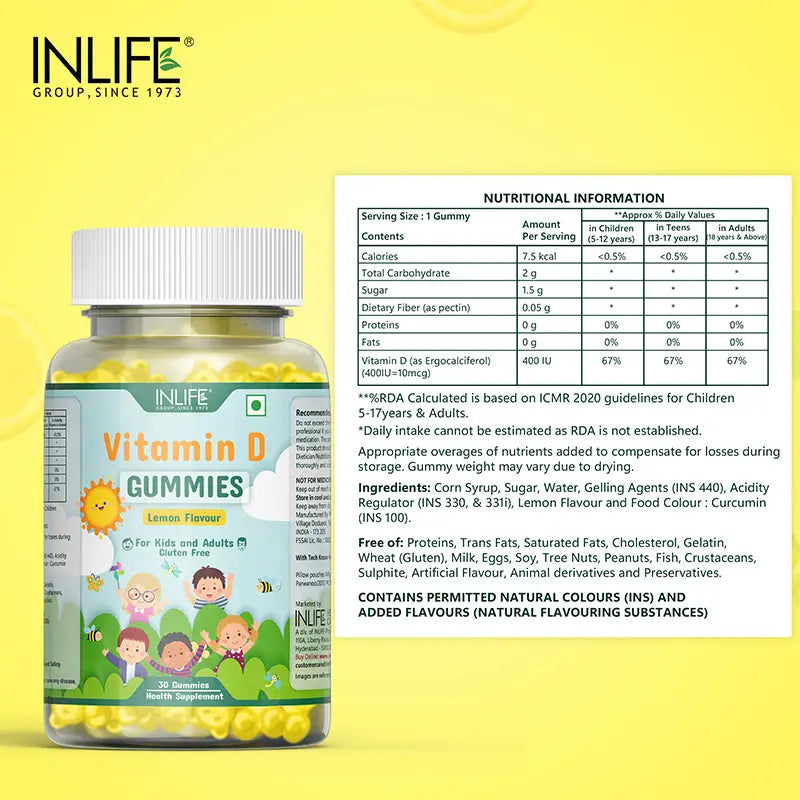 Inlife Vitamin D Supplement |400 IU| 30 Lemon Flavored Gummies