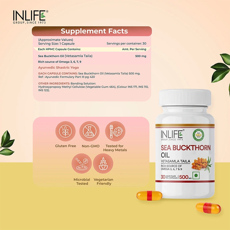 Inlife Sea Buckthorn Oil, 500 mg, Liquid Filled Capsules