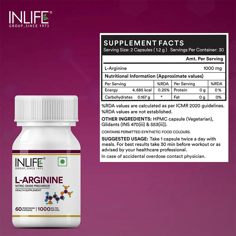 Inlife L-Arginine (1000mg) Serving Supplement, 60 Veg. Capsules