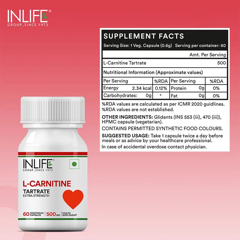 Inlife L-Carnitine L-Tartrate (500mg) Supplement, 60 Veg. Capsules