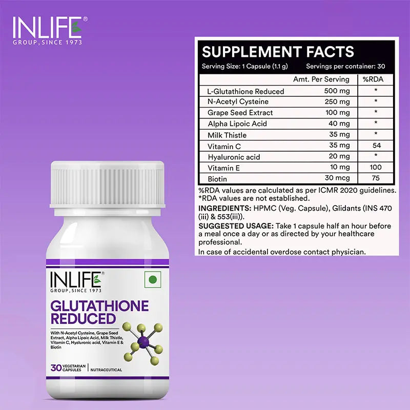 Inlife L-Glutathione Reduced Supplement | 30 Veg. Capsules