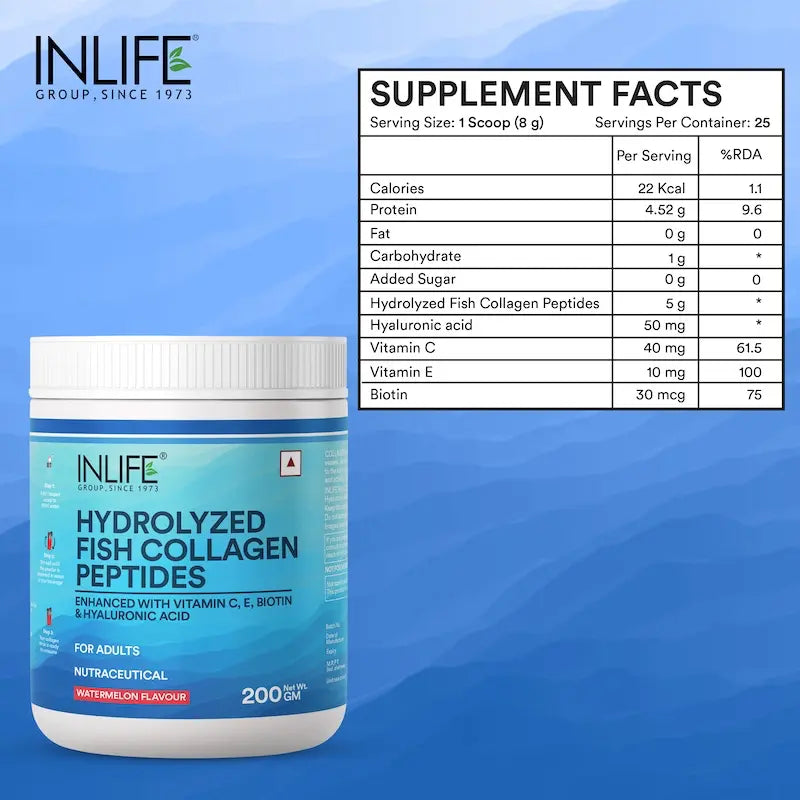 Inlife Hydrolyzed Fish Collagen Peptides Supplement | Enhanced with Vitamin C, Biotin, Hyaluronic Acid, 200gms