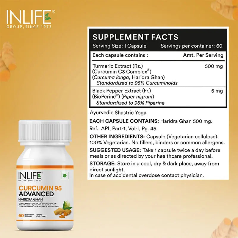 Inlife Curcumin (95% Curcuminoids) with Piperine (Bioperine), 500 mg | 60 Veg. Capsules