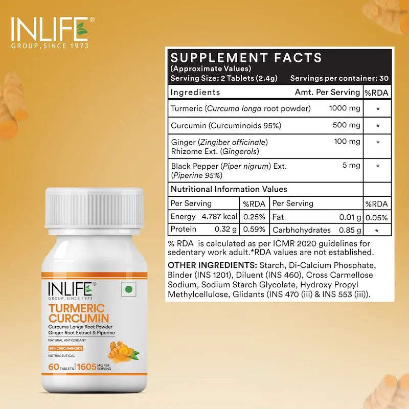 Inlife Turmeric Curcumin Tablets with Piperine | 95% Curcuminoids High-Absorption Supplements | Anti-Inflammatory & Antioxidant Support | 1605 mg per serving |60 Veg. Tablets