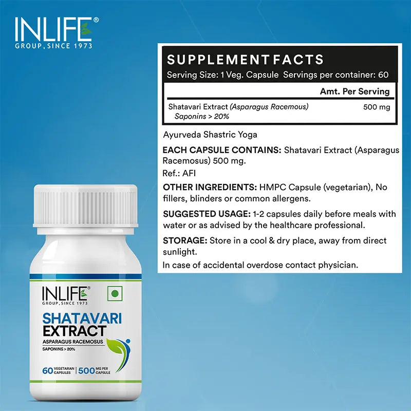 Inlife Shatavari Extract (Saponins>20%), 500mg | Veg. Capsules