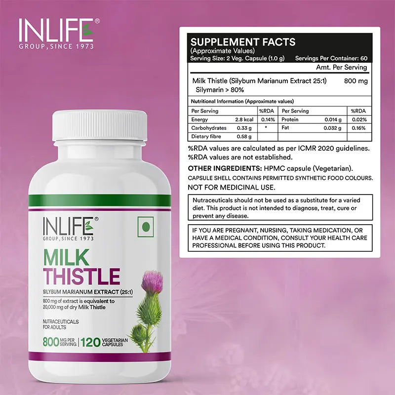 Inlife Milk Thistle Extract 800mg | 80% Silymarin Liver Support Supplement | 120 Veg. Capsules