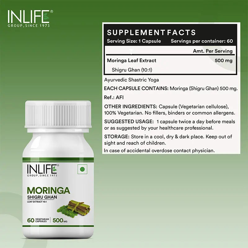 Inlife Moringa Leaf Extract Supplement | 500 mg |60 Veg. Capsules.