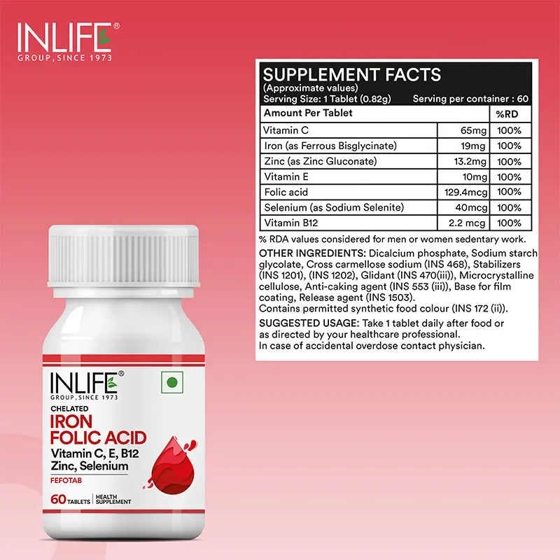 Inlife Chelated Iron Folic Acid Supplement with Vitamin C, E, B12, Zinc & Selenium | 60 Tablets