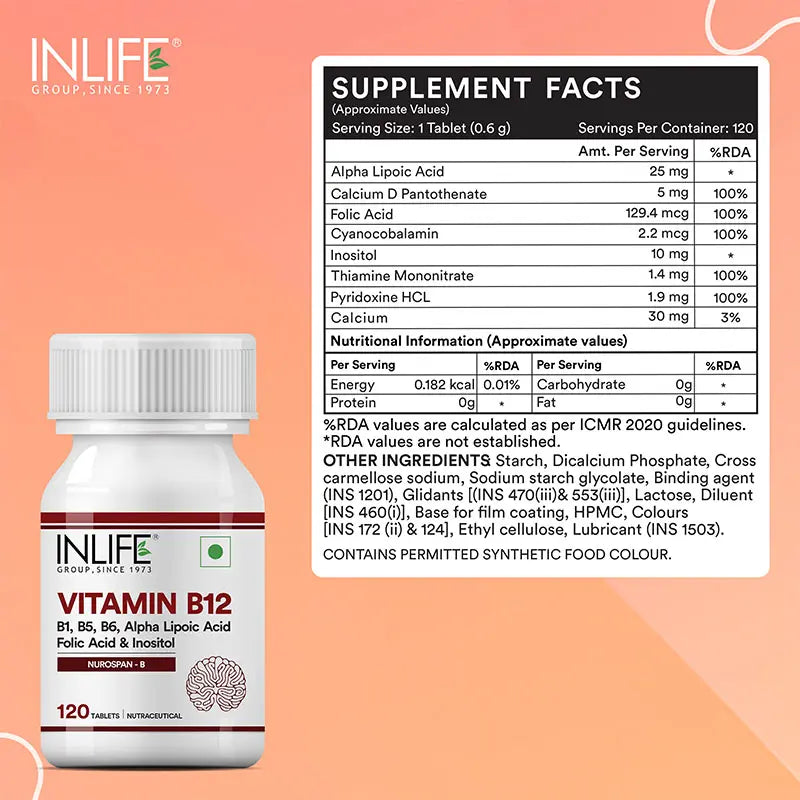 Inlife Vitamin B12 Supplement with ALA, Folic Acid ; Inositol | 120 tablets (RDA Compliant)