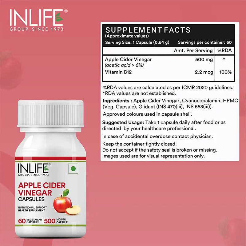 Inlife Apple Cider Vinegar Supplement, 500mg - 60 Vegetarian Capsules