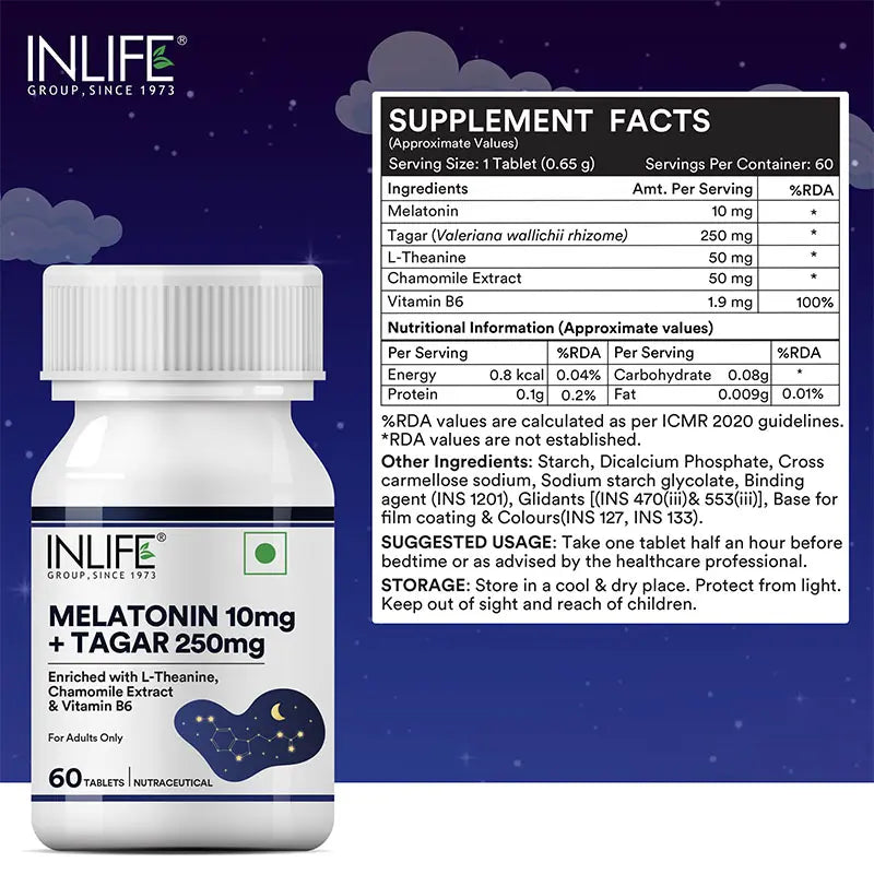 Inlife Melatonin (10mg) with Tagar (250mg) - 60 Tablets | Vegetarian